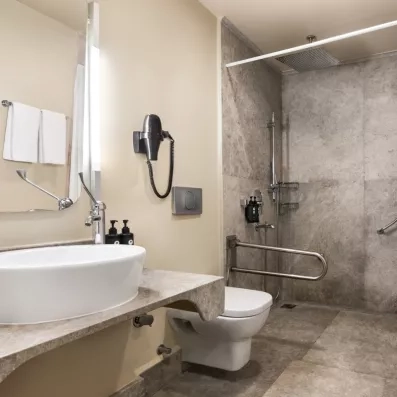 salle de bain avec douche pour personne à mobilité réduite
