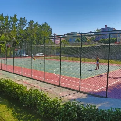 Un terrain de tennis et de basket-ball extérieur clôturé, sous un beau ciel.