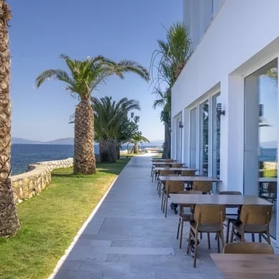 Une allée longeant le littoral, bordée de tables de restaurant et de palmiers.