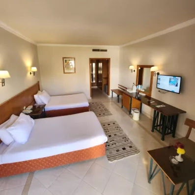 chambre avec 2 lits séparés, tableau décoratif, TV, coiffeuse, tapis, table et chaise 