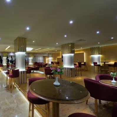 lobby bar avec tables hautes chaises en bordeaux, ambiance chaleureuse 