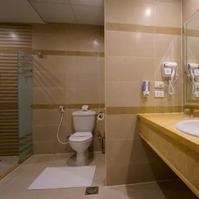 salle de bain de la chambre avec douche italienne, toilettes avec douchettes, vasque avec lavabo, sèche cheveux, miroir