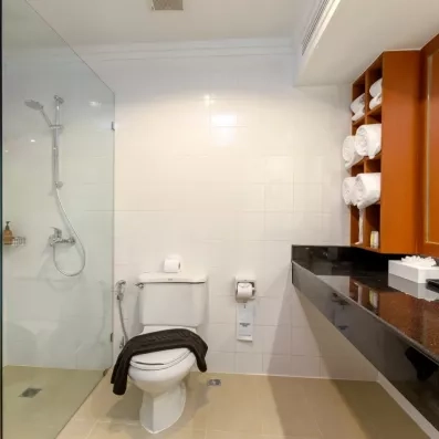 Salle de bain au style contemporain avec une douche à l'italienne et un toilette.