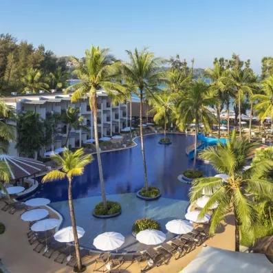 Une piscine entourée de verdure tropicale avec des parasols blancs alignés.