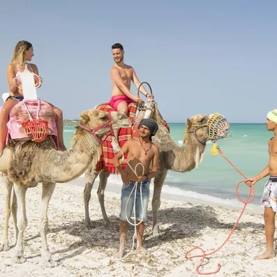 Promenade à dos de chameau sur la plage de Djerba devant l'hôtel Mondi Club Seabel Aladin.