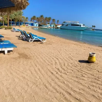 Transats sur sable fin au bord de la plage avec palmiers et yachts sur le quai