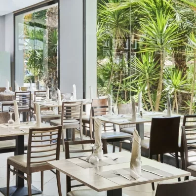 restaurant baies vitrées palmiers