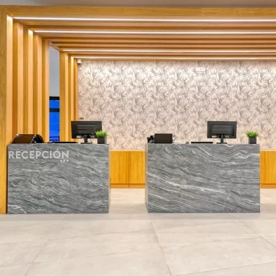 Un espace de réception moderne et élégant avec deux comptoirs en pierre grise.