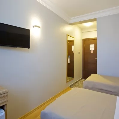 chambre avec deux lits simples et une télévision