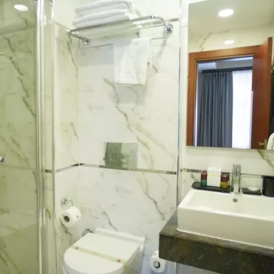 salle de bain avec miroir et toilette