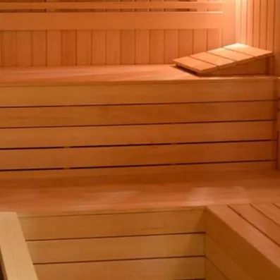 L'intérieur chaleureux d'un sauna classique avec des bancs en bois clair superposés.