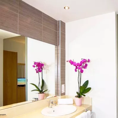 salle de bain avec vasque en marbre, lavabo, miroir, orchidée rose 