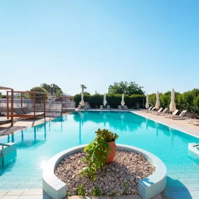 Vue générale de la piscine avec transats autour, avec un pot de plante au milieu