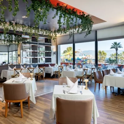 Une salle à manger lumineuse et moderne décorée de plantes tombantes au plafond.