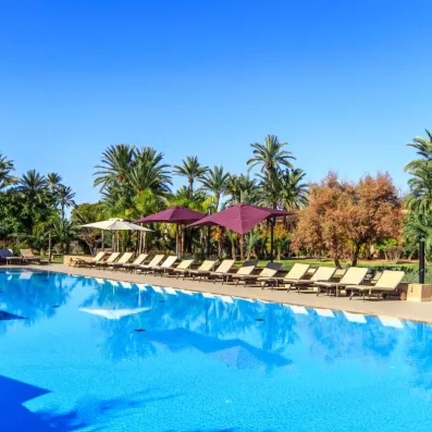 piscine extérieur, juste derrière des transats, un jardin avec des arbres et un ciel bleu