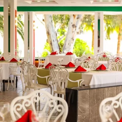 salle de restaurant avec tables et chaises dressées
