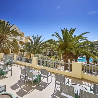 Terrasse panoramique ensoleillée avec fauteuils confortables bordée de palmiers sous le ciel bleu de Djerba.