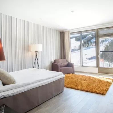 Chambre lumineuse avec lit deux places, vitre avec vue sur neige