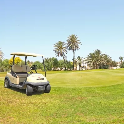 Voiturette de golf sur le green verdoyant du Djerba Golf Club bordé de palmiers en Tunisie.