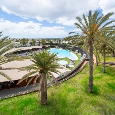 Une vue aérienne montre une piscine entourée de chaises longues et de nombreux palmiers.