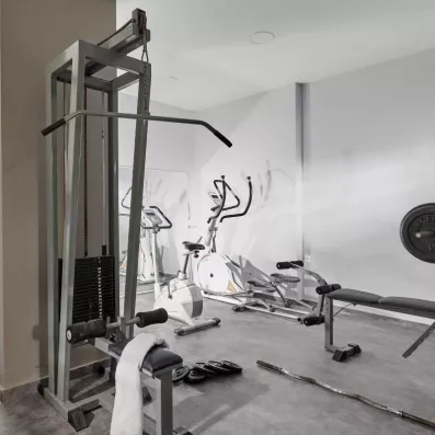 salle de sport, vélo elliptique, machine pour le dos, banc de développé couché, poids