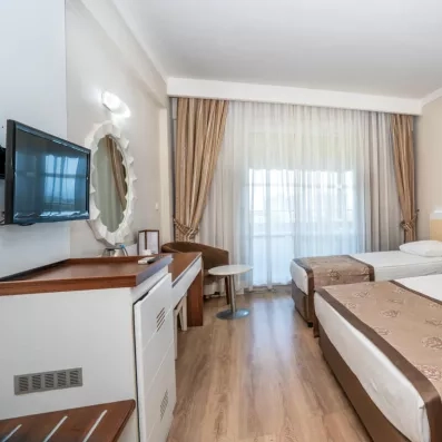 chambre avec deux lits simples et une télévision