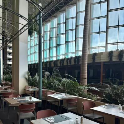 Une salle à manger lumineuse bordée d'une immense paroi vitrée et de plantes tropicales.