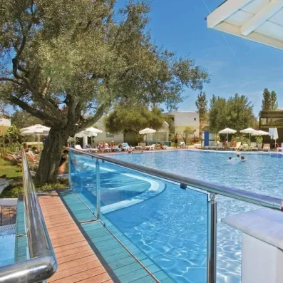 pont passant au-dessus de la piscine, grand olivier, jardin, parasols et transats, ciel et eau de la piscine bleus