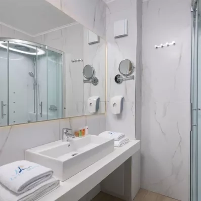 salle de bains très grand miroir, et petit miroir grossissant, distributeur de savon, serviettes, petits produits de beauté, porte manteaux