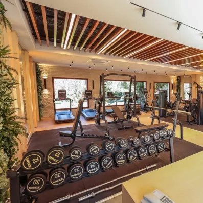 Un espace de fitness complet proposant des bancs de musculation et des tapis de course.