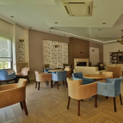 Un salon intérieur confortable, doté de fauteuils, d'une cheminée et d'une bibliothèque.