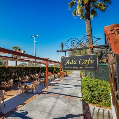 Une allée et une entrée fleurie menant à un café extérieur, sous un ciel bleu.