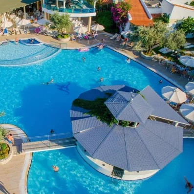 Piscine vue d'en haut ainsi que le bar terrasse, accessible par ponton, transats et parasols, oliviers