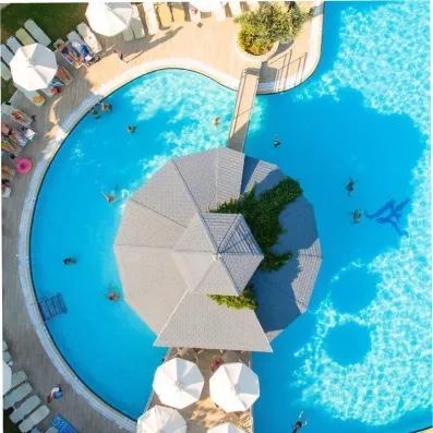 Piscine vue d'en haut ainsi que le bar terrasse, accessible par ponton, transats et parasols, des gens se baignent