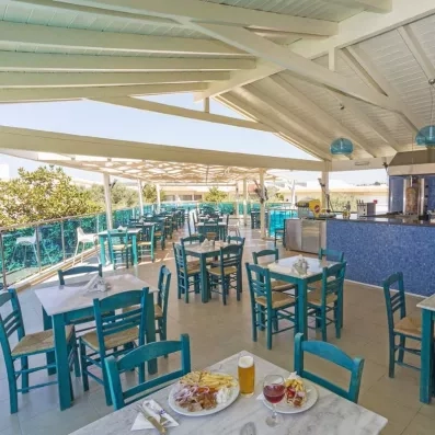 table avec chaises vertes, couverts sel et poivre, bière posée et assiette de frites, terrasse avec bar bleu, oliviers partout