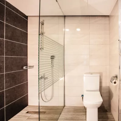 Une salle de bain moderne équipée d'une douche à l'italienne vitrée et de carrelages.