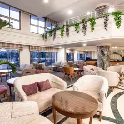 Un salon d'accueil lumineux, décoré avec des plantes et des fauteuils.