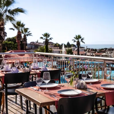 Une terrasse extérieure ensoleillée offrant une vue imprenable sur les palmiers et la mer.