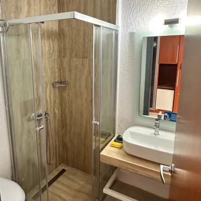 salle de bain avec douche et lavabo et miroir