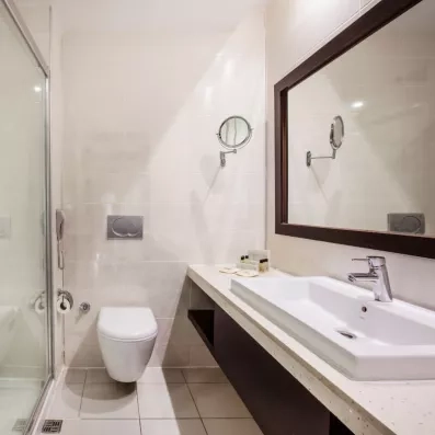 Une salle de bain contemporaine, équipée d'une douche à l'italienne et d'un toilette.