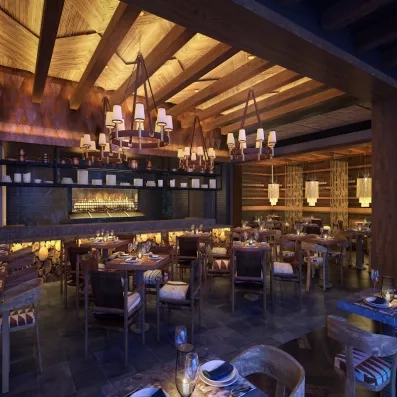 Restaurant brésilien, feu de cheminée, lustre, luminaires, tables carrées et chaises