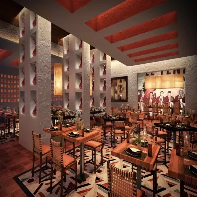 Restaurant mexicain, décoration musiciens mexicains, bois apparent, tables carrées, chaises