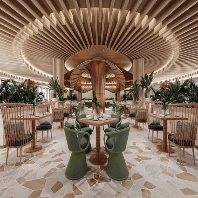 Pavillon, chaises vertes confortables, tables carrées en bois, tons clairs, plantes vertes