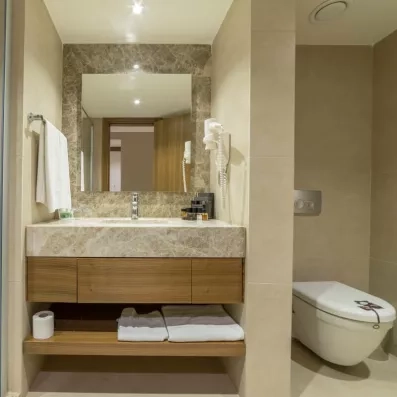 Une salle de bain avec une vasque en marbre, un grand miroir et des finitions en bois clair.