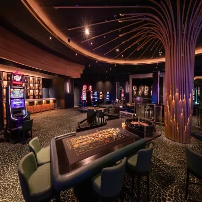 Casino, machines à sous, tables de jeux et roulettes, fauteuils confortables