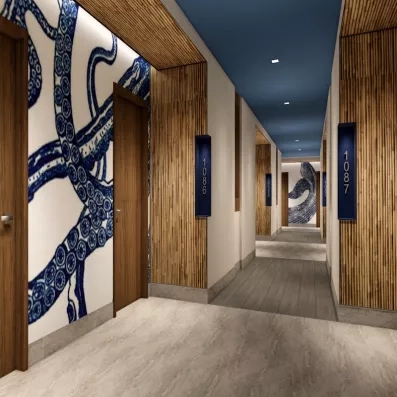 Hall, couloirs des chambres, couleurs claires et bois avec des motifs de tentacules de pieuvre