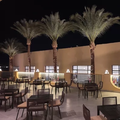 Terrasse de restaurant illuminée de nuit avec palmiers et mobilier moderne au Mondi Club, Égypte.