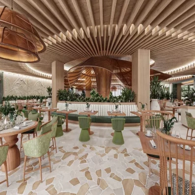 Pavillon, chaises vertes confortables, tables carrées en bois, tons clairs, plantes vertes