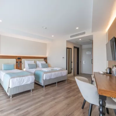 grande chambre avec un lit double et un lit simple avec un bureau