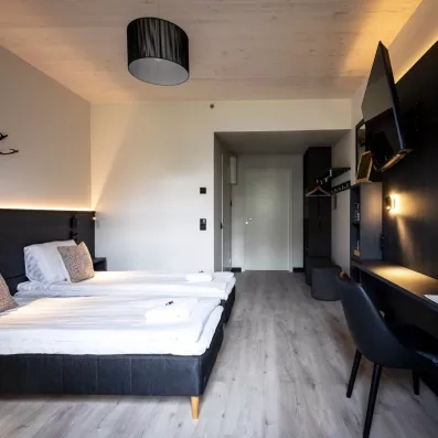 Chambre double contemporaine avec lits jumeaux et bureau à l'Hôtel Sodankylä.